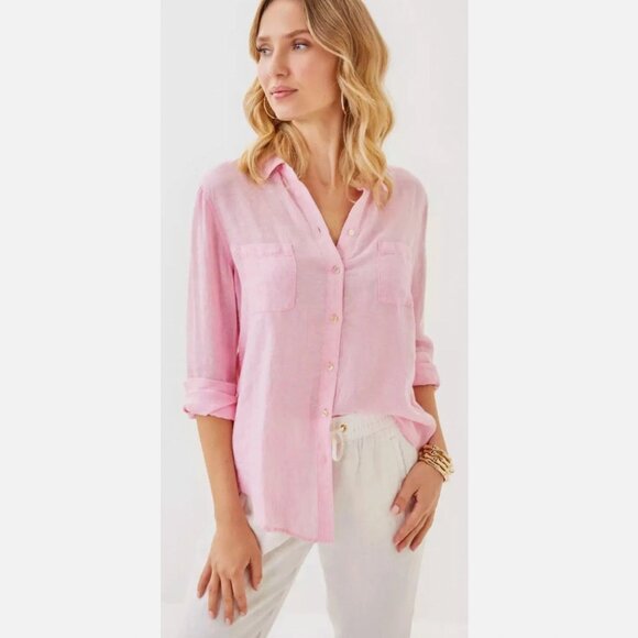 Lilly Pulitzer Sea View 100% Linen Button Down Shirt in Urchin Pink - Picture 1 of 6